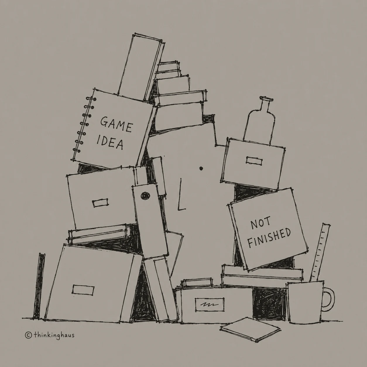 A line drawing of stacked folders, notebooks, and unfinished ideas