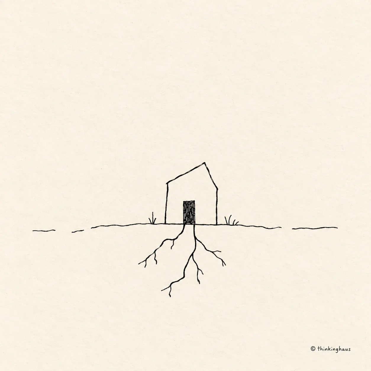 An illustration of a minimal house with roots growing into the ground