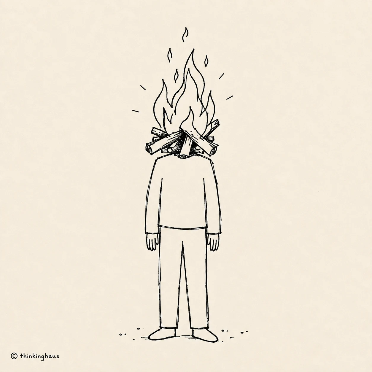A line drawing of a person with a campfire burning in place of their head