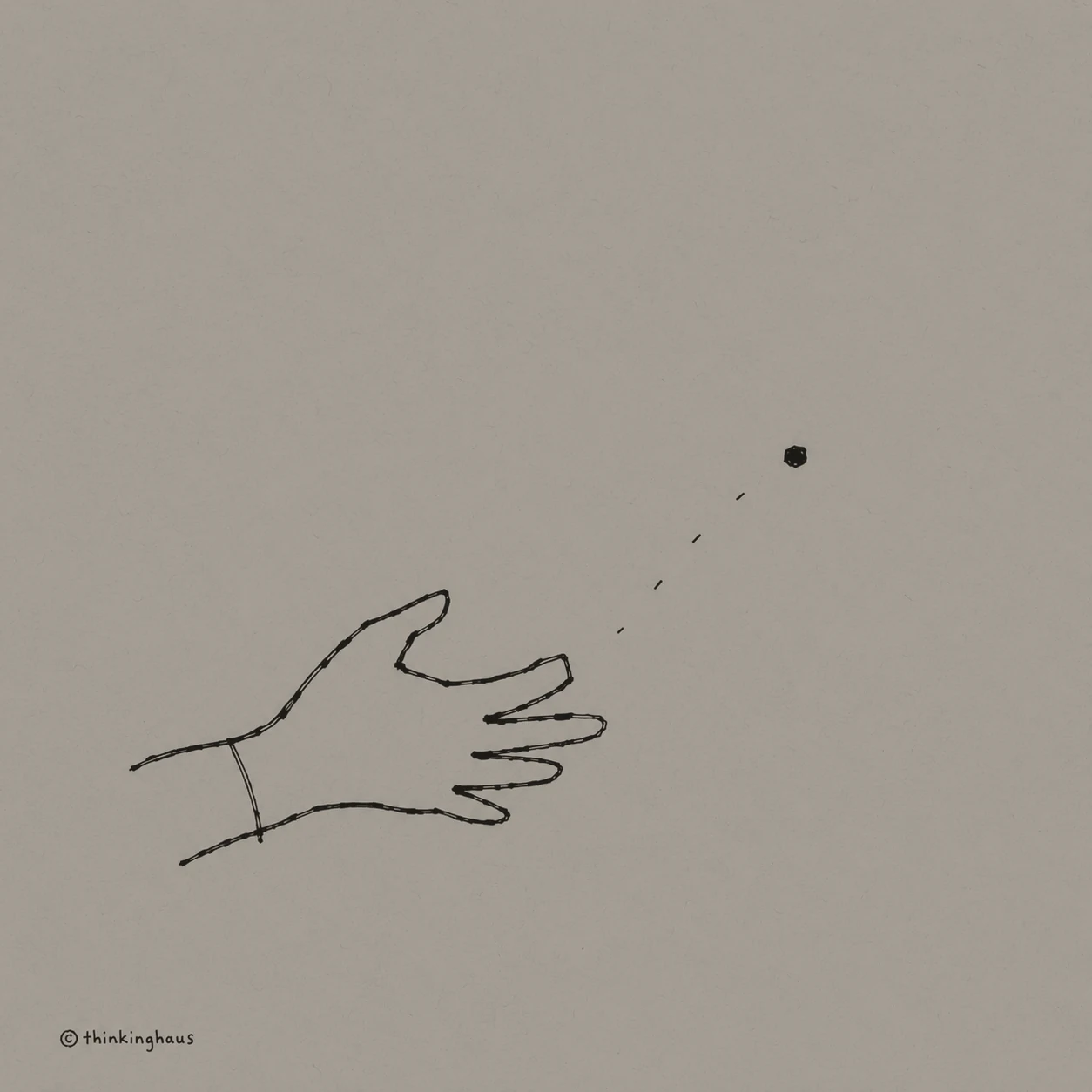 A line drawing of an open hand reaching toward a small distant point