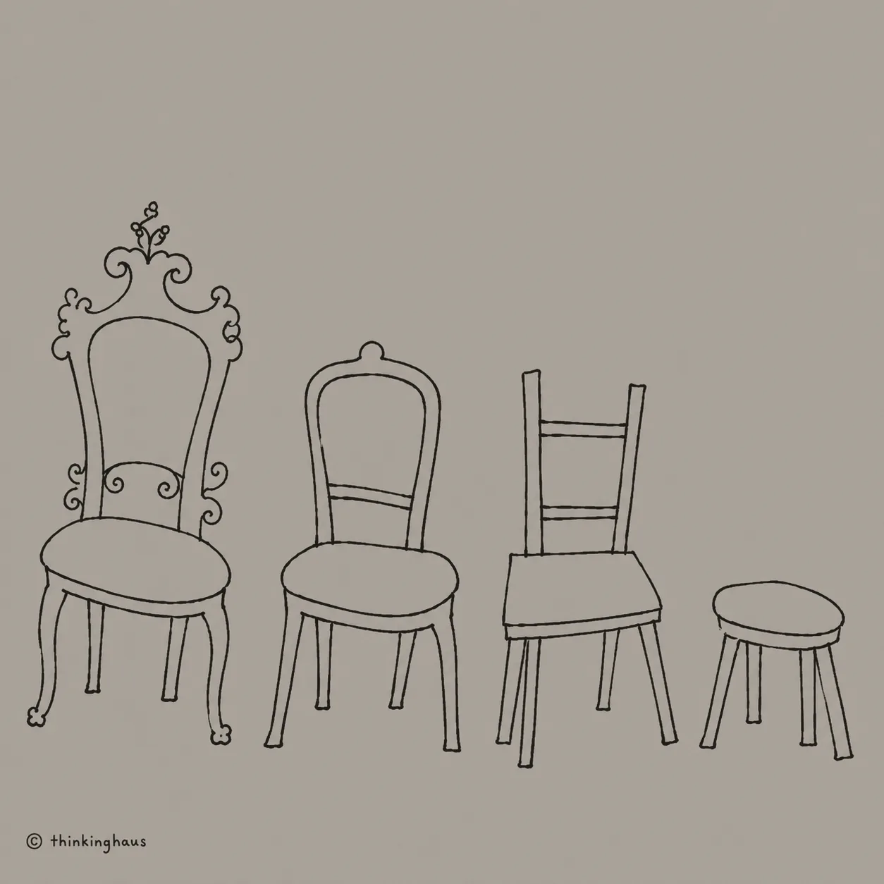 A line drawing of four chairs ranging from ornate to simple