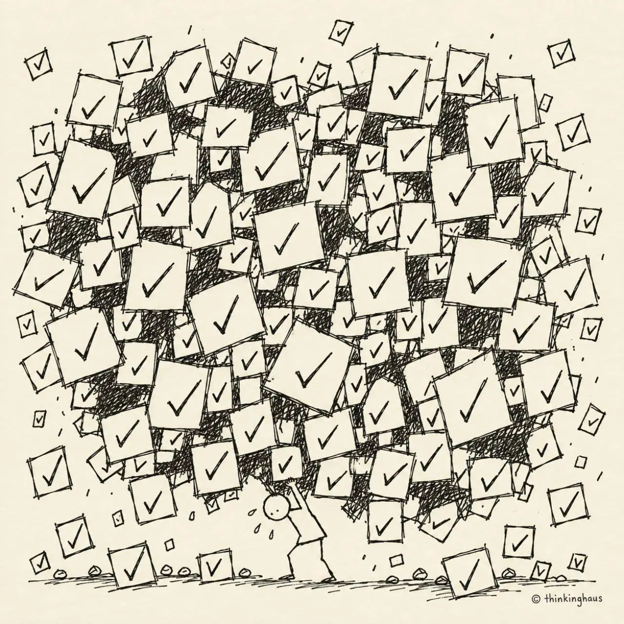 A person braces beneath an overwhelming mass of checked boxes.