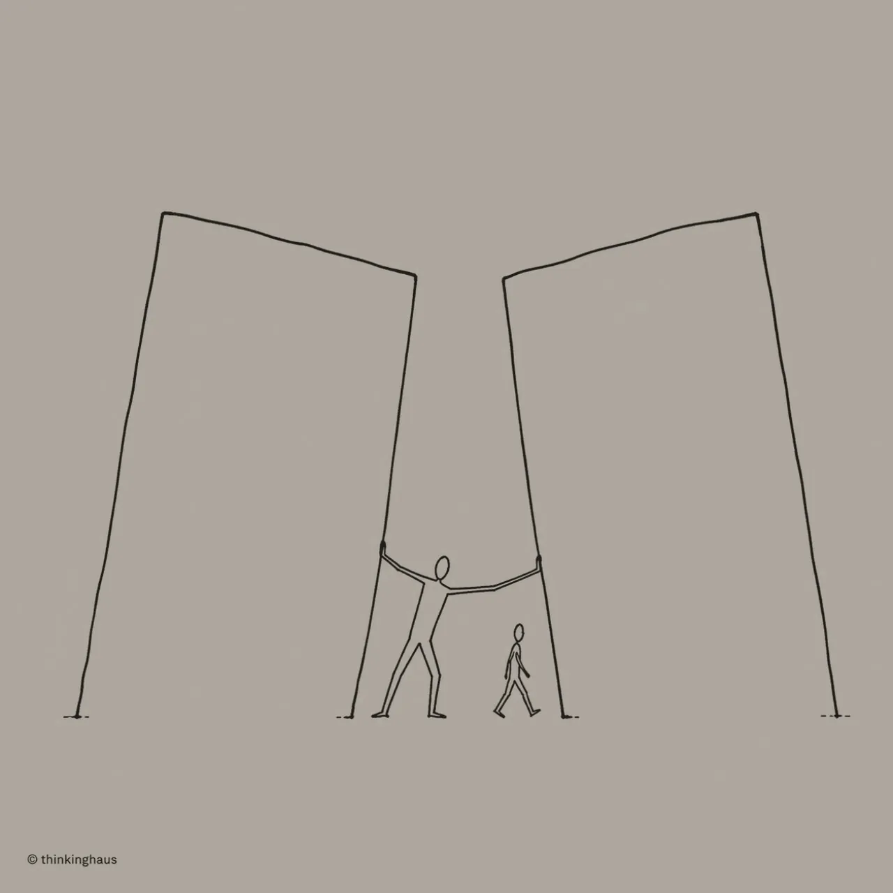 A line drawing of two people moving between large architectural forms