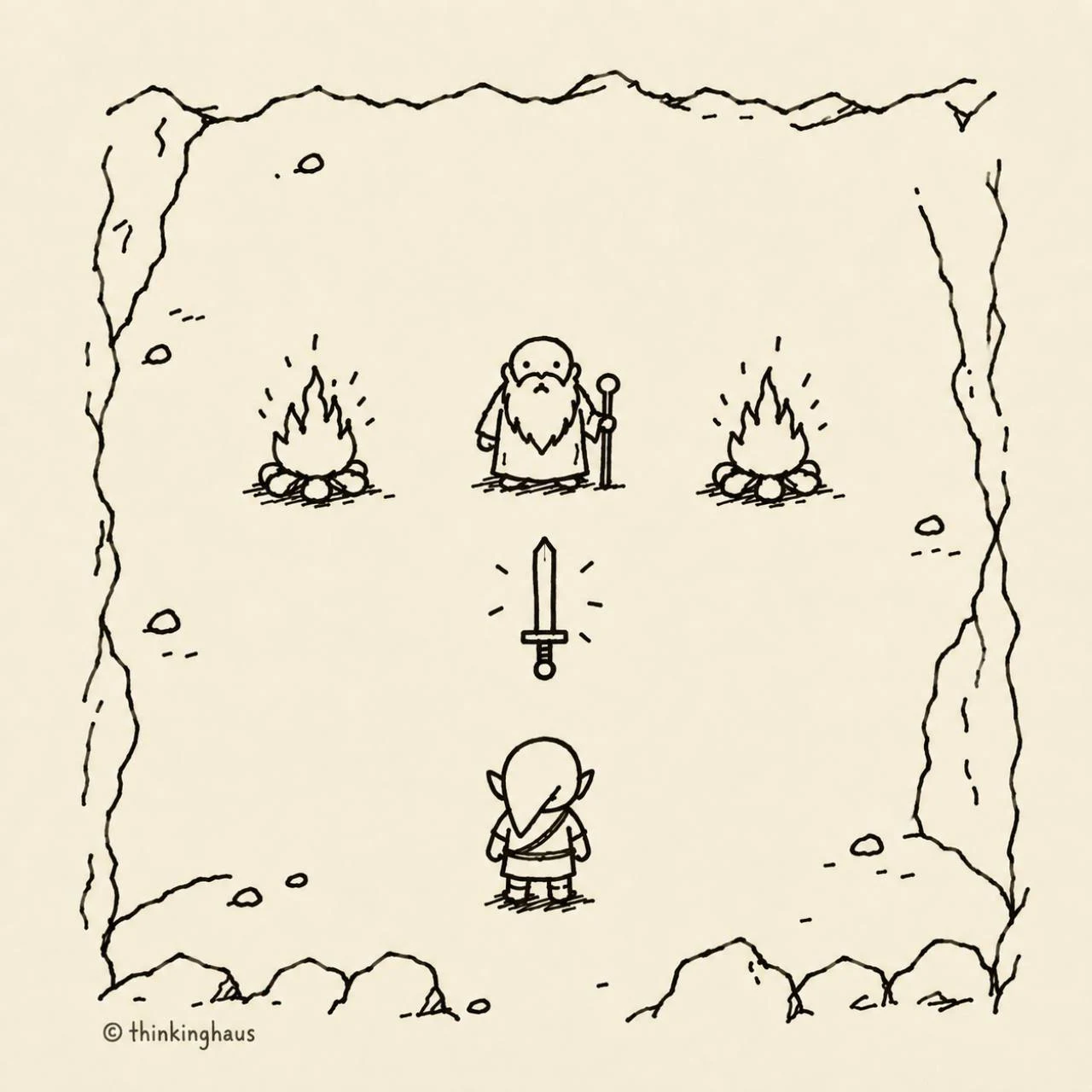A line drawing of a traveler receiving a sword from an old man between two fires in a cave